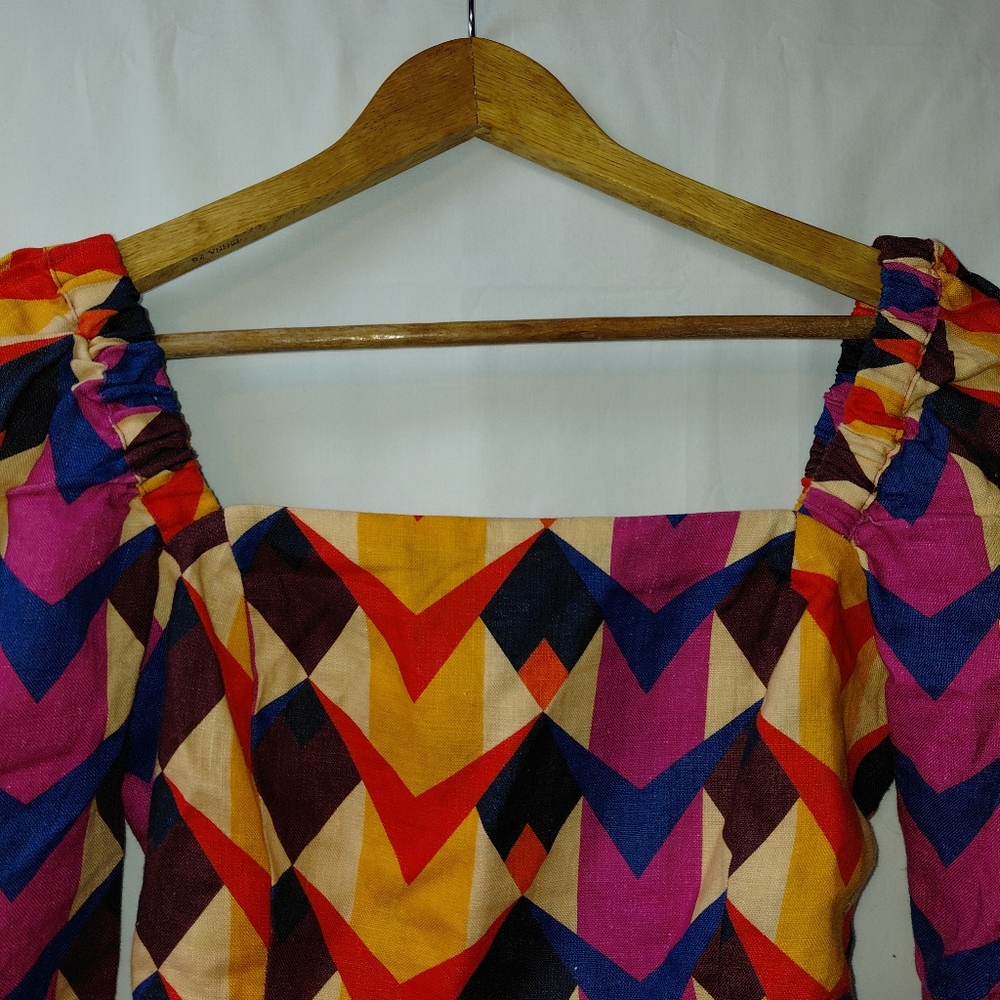 FARM Rio Multicolor Geometric Puff Sleeve Crop Top - Yellow, Pink, Blue, Red - Picture 5 of 6